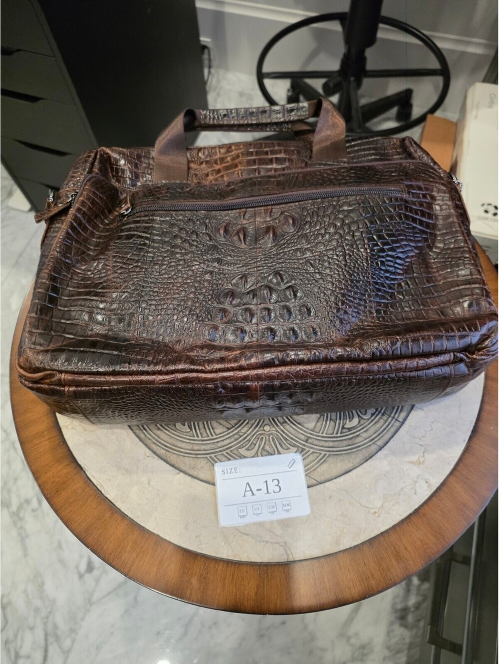 Dark Brown Croc-Embossed Briefcase Laptop Messenger Bag with Shoulder Strap